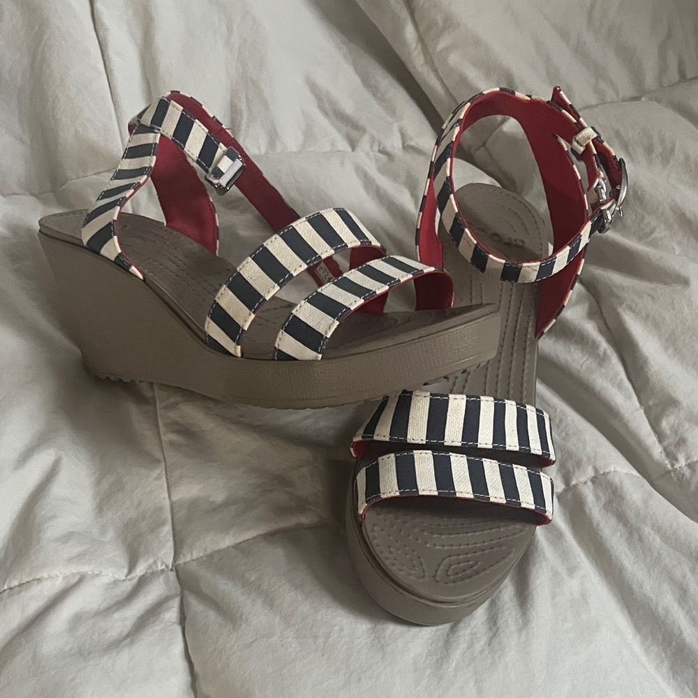 CROCS Women's Navy & White Striped Wedge Sandals with Red Trim